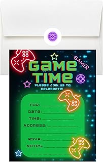 LM STUDIOZ Gamer Birthday Invitations comes with Envelopes and stickers 10 pack (30pcs total) Video Game theme party, Kids Party Invitations, Girl or boy party invitations, Game time, (4-1/4" x 5-1/2" - 10 pack) Green and Black Gamer theme