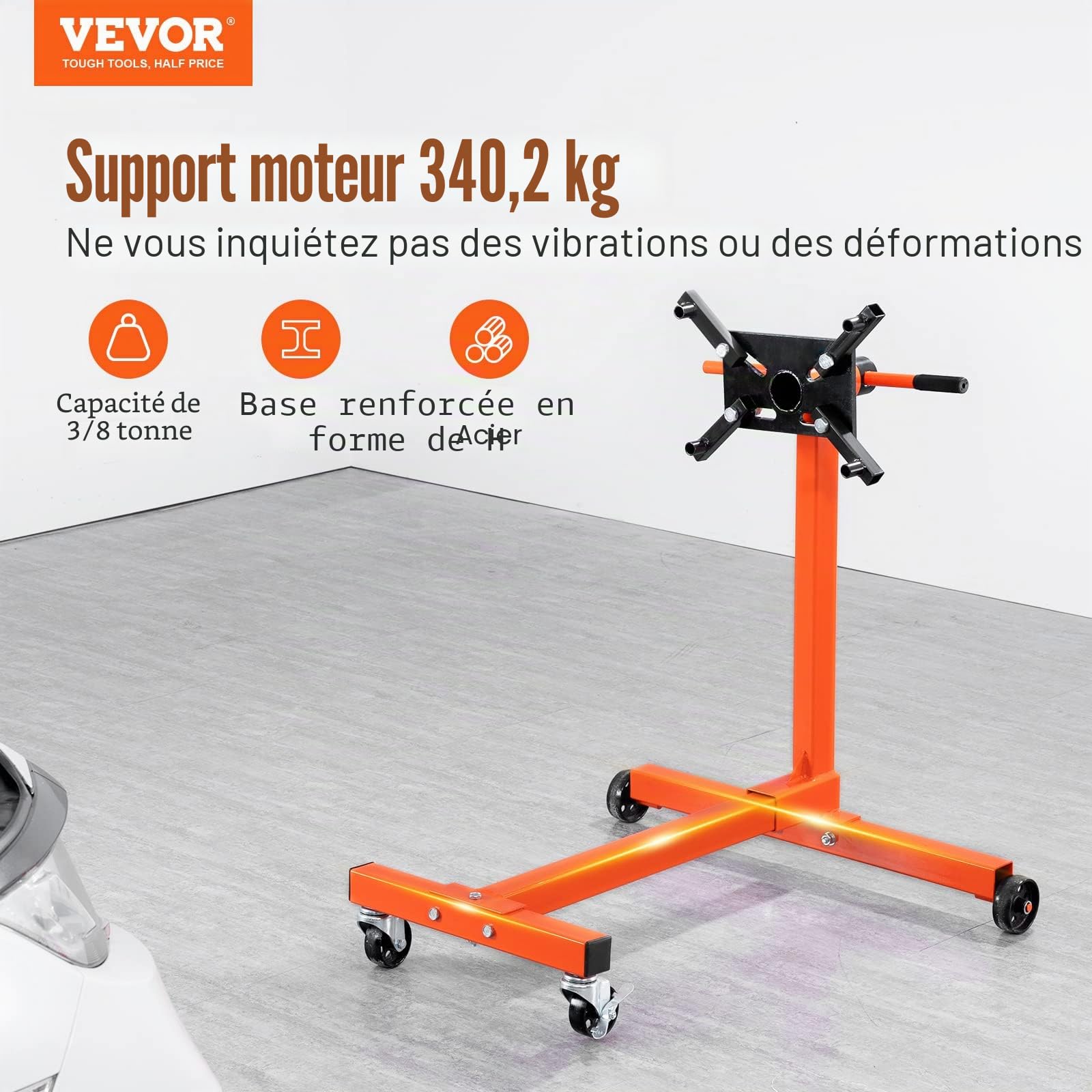 VEVOR Support Moteur d'Atelier 340 kg Stand de Moteur en Acier Mobile et Verrouillable Lève-Moteur Rotatif 360° 6 Points d’Ancrage Réglables en Inclinaison pour Travaux sur Moteurs Démontés Mécanicien
