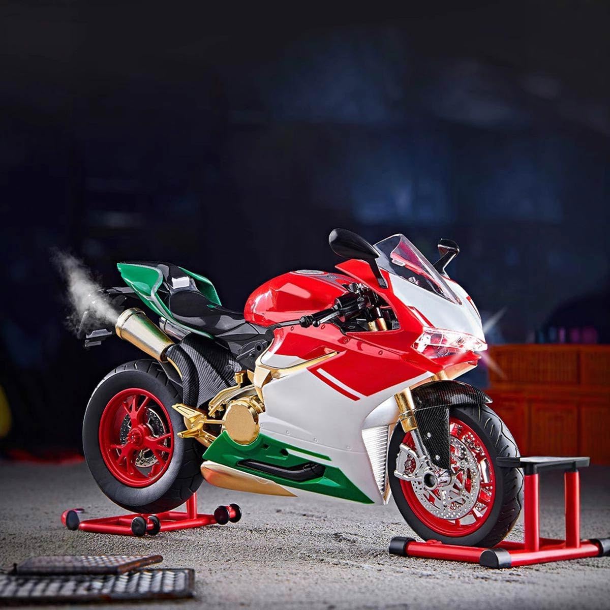 1/9 Scale Alloy Dynamic Motorcycle Model - Simulation Bike with Ignition System Smoke Spray, Immersive Light & Sound Effects, Gift for Enthusiasts (Red)
