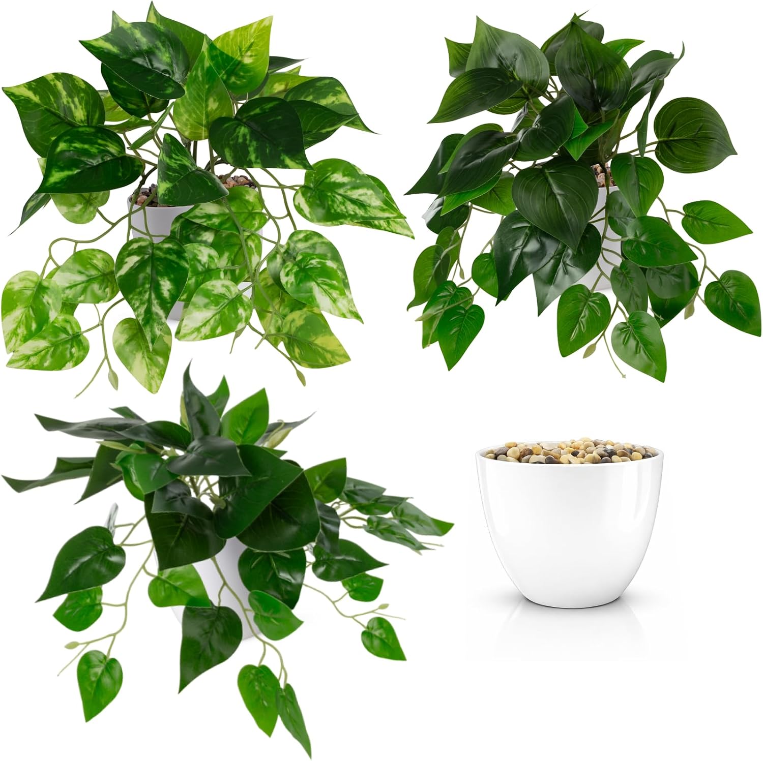 PASCH® Set of 3 Artificial Hanging Plants: Artificial Plants Like Real Artificial Plants Hanging Artificial Plant Hanging in Pot Hanging Plant Artificial with Pot (Ivy & Philodendron, 26 cm)