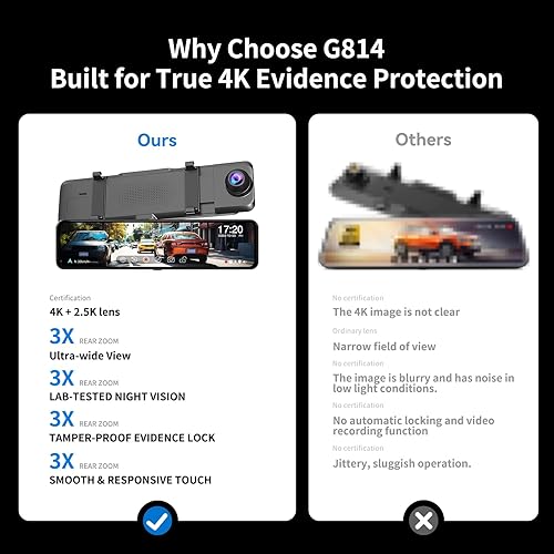 Miniatura 7 de JOMISE G814 11" 4K+2.5K Cámara de Espejo Retrovisor — Sin WiFi/Bluetooth, Cámara de Salpicadero Frontal y Trasera, Grabadora de Evidencia Pura,