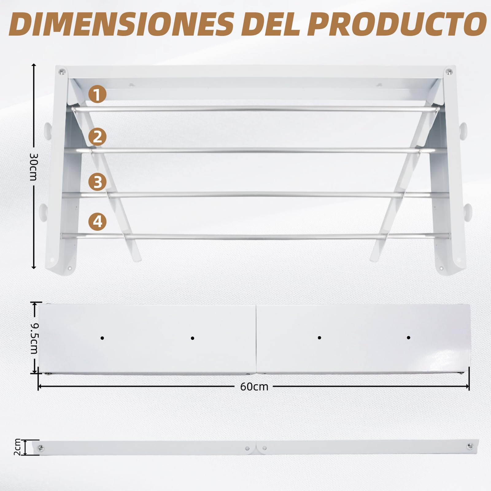 Tendedero de pared de acero al carbono, 60 cm, tendedero extensible con 4 ganchos, capacidad de carga de 25 kg, toallero de ahorro de espacio, adecuado para balcones, terrazas y baños (blanco)