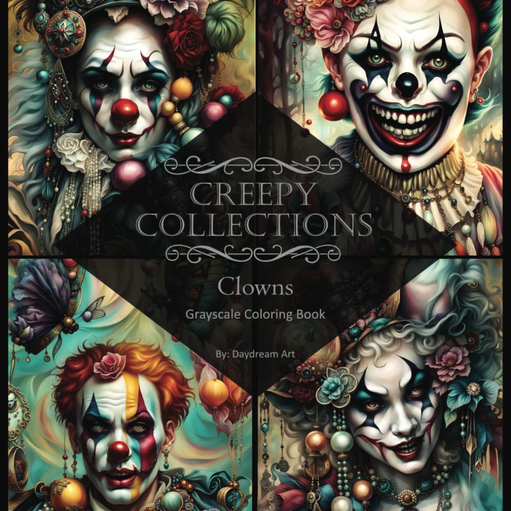 Creepy Collections: Clowns Grayscale Coloring Book: 35 Clown images to color
