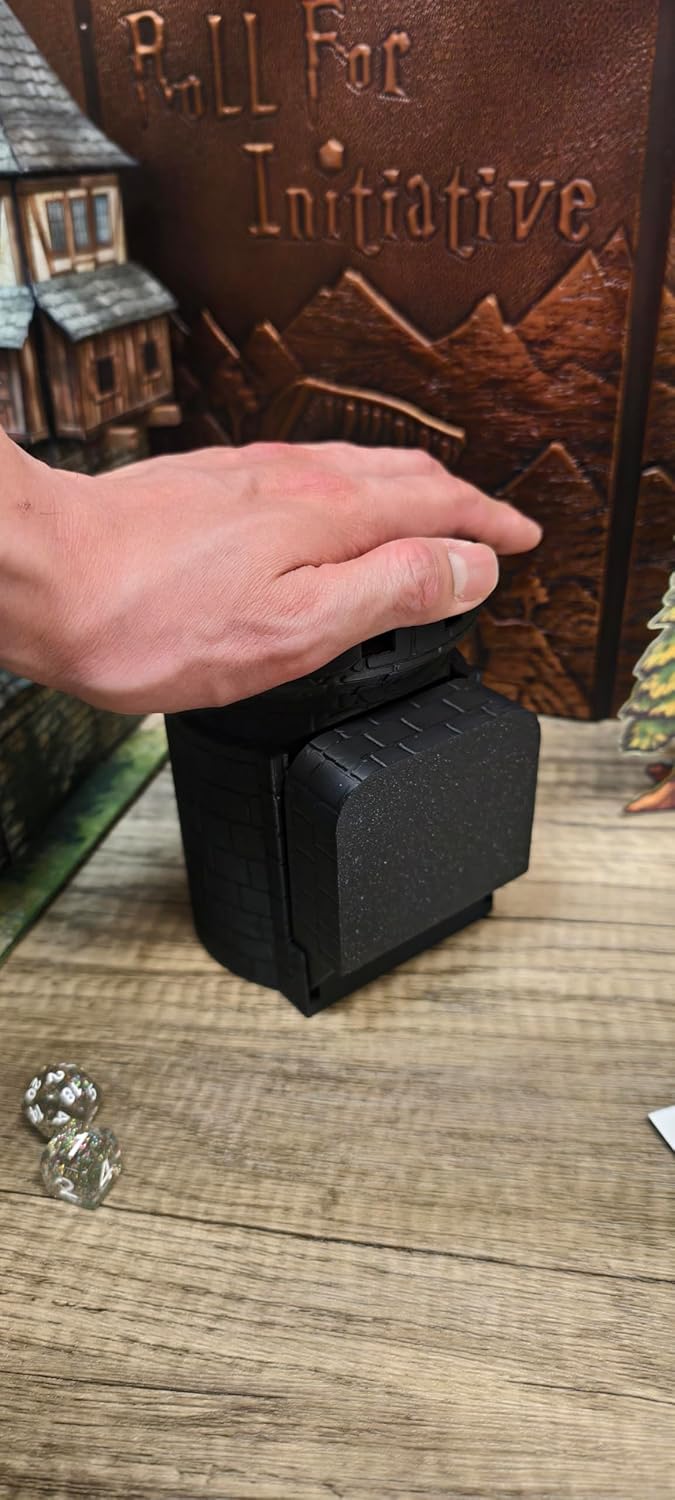 MunnyGrubbers - Auto Reloading Dice Tower - (7pc D20 Random Dice Included) - Castle Design - Self Loading Dice Tower - Lever Action Dice Tower - Dungeons and Dragons - DND - (Black)