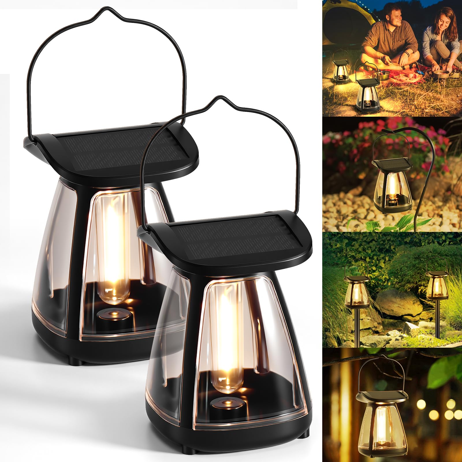 Solar Lights Outdoor Garden, 2 PCS Solar Garden Lights with Warm Tungsten Glow, 2 Brightness Levels, IP44 Waterproof, Auto On/Off Solar Powered Pathway Lights for Garden Patio Yard Lawn Walkway