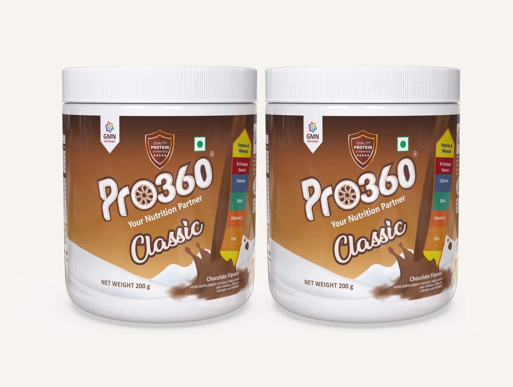 Pro360 Classic Daily Wellness Nutritional Protein Supplement Powder for Men and Women - Instant Beverage Mix - 200+200g (Chocolate) Pack of 2