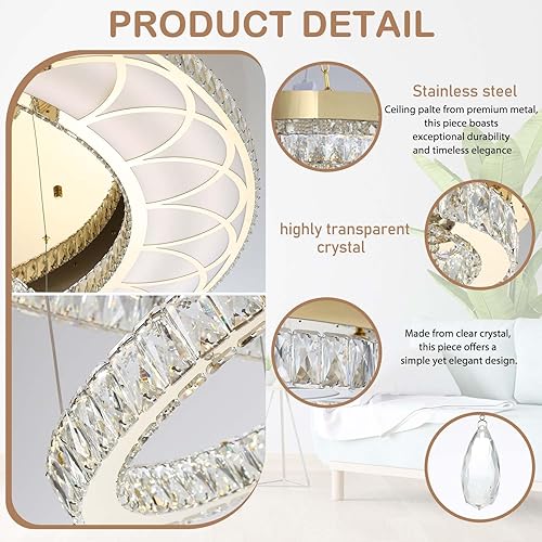 Miniatura 2 de Flashing God W24 - Candelabros modernos de cristal dorado para sala de estar, lámpara de techo redonda de cristal de 3 anillos, luz LED regulable