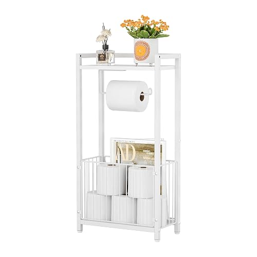 Freestanding Toilet Paper Holder with Storage Shelf, White