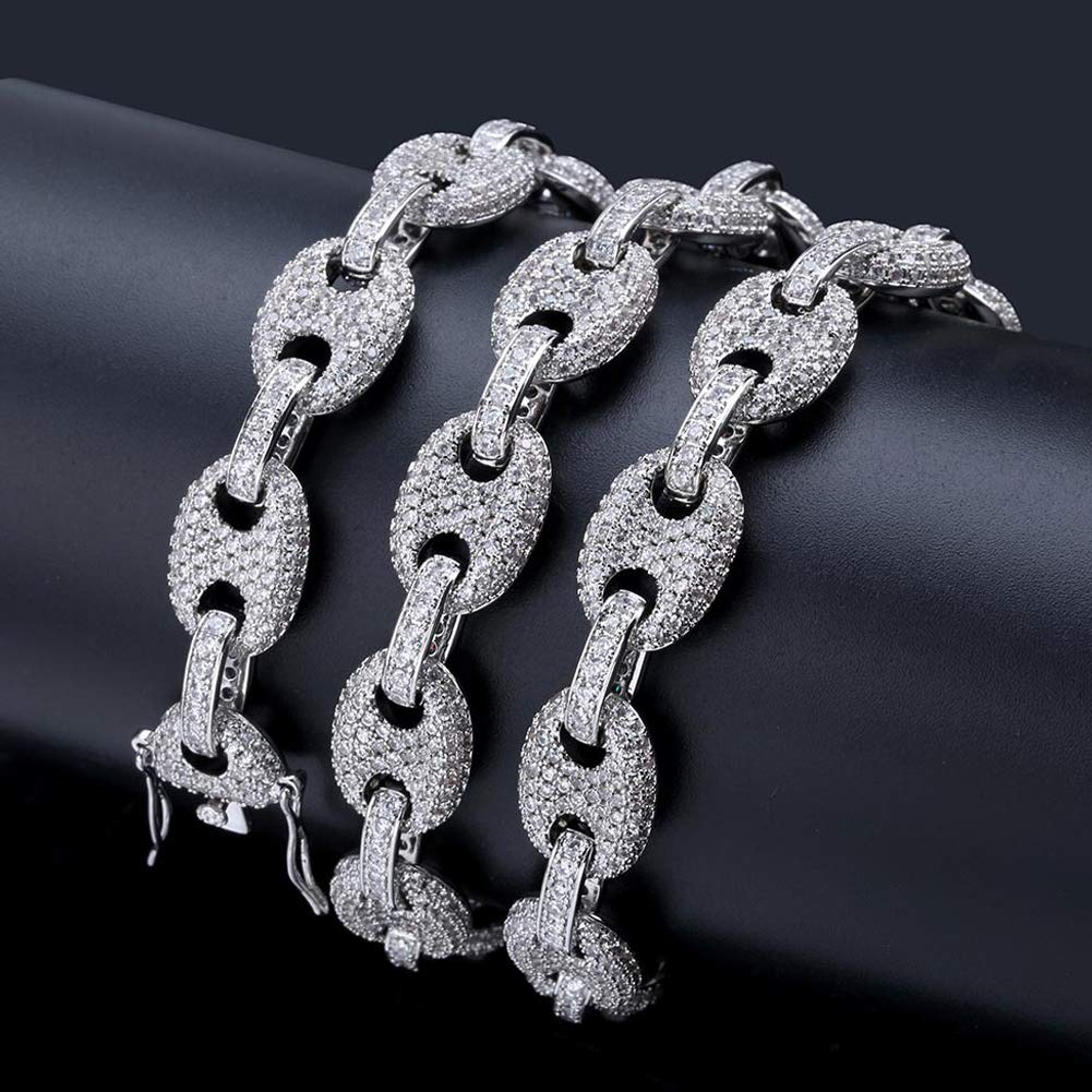 Collar de botón trenzado elíptico de cadena de oro grande sólido para hombre Micro-incrustaciones de circón Clavícula Cadena Hip-Hop Joyería-Silver-18inch