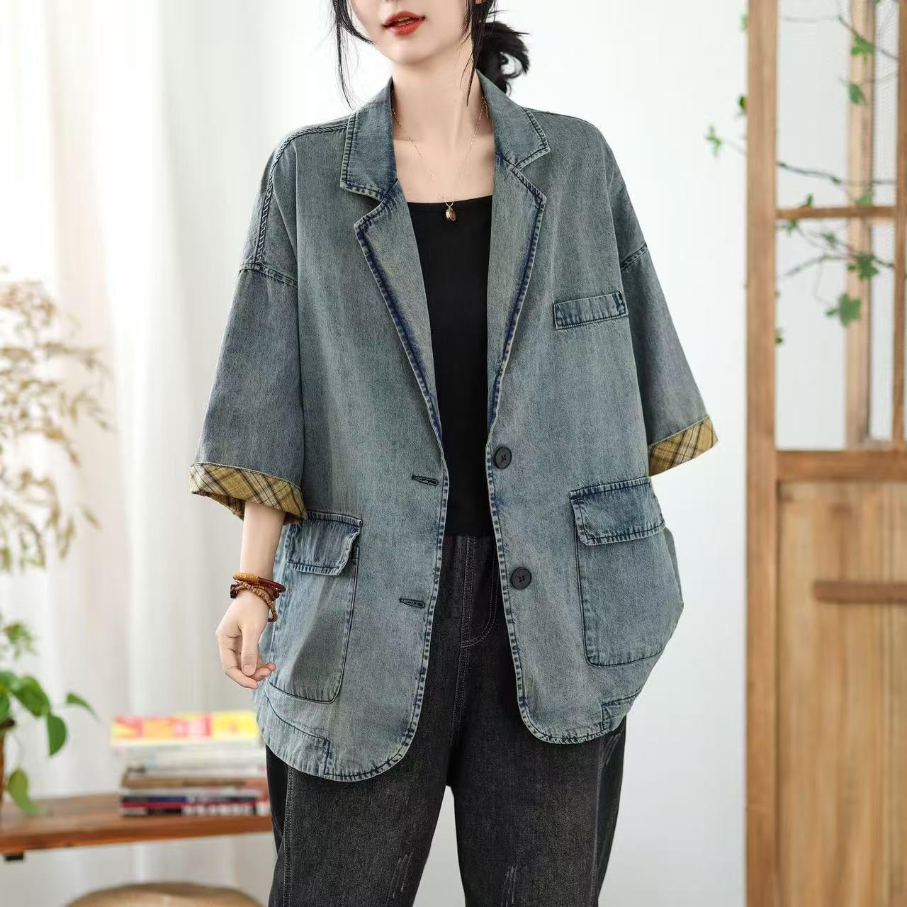 Blazer da Donna Giacca di Jeans Oversize da Donna A Quadri A Contrasto con Maniche A 3/4 Modello Ampio con Revers A Tacca Blazer in Denim Lavato Stile Vintage Lunghezza Media Modello Boyfriend con T