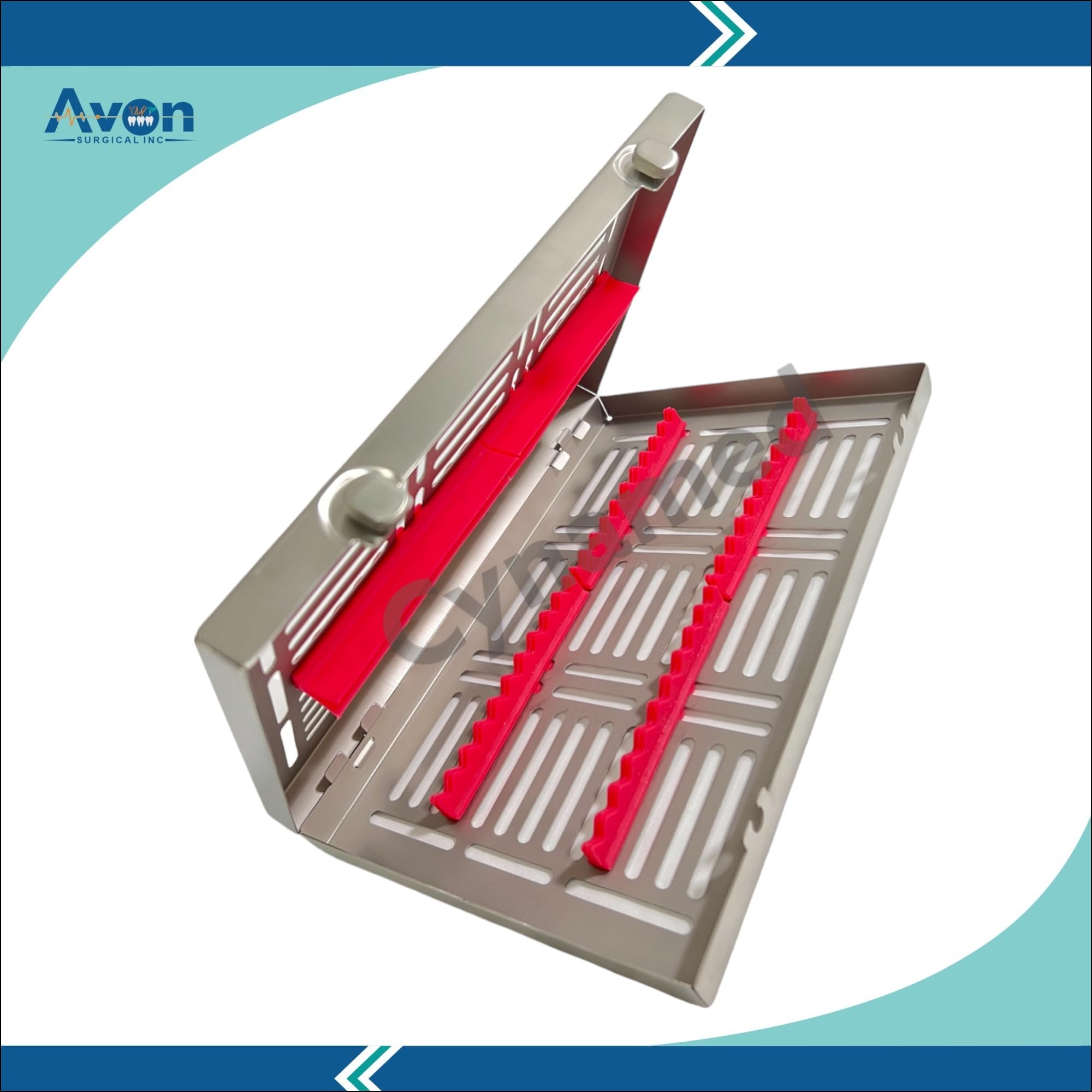 2 Pack | 1in L x 7in W x 7in H Sterilization Cassette with Silicone Inserts & Double Button Locks with Detachable Lid | Fits 20 Handpieces | German Steel (Pink - 20 Slot w/Buttons)