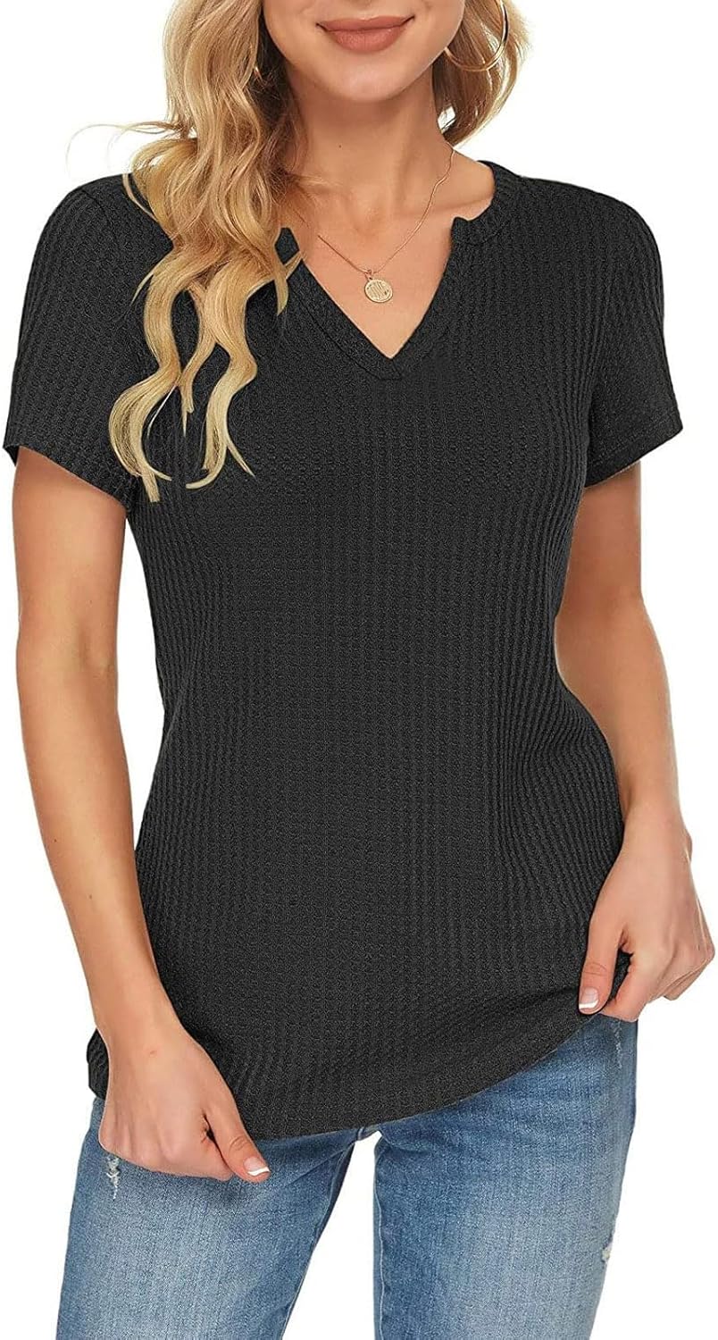 Womens V Neck Waffle Knit Tunic Tops Casual Short Sleeve Loose Fit T Shirts Basic Tee - Image 3