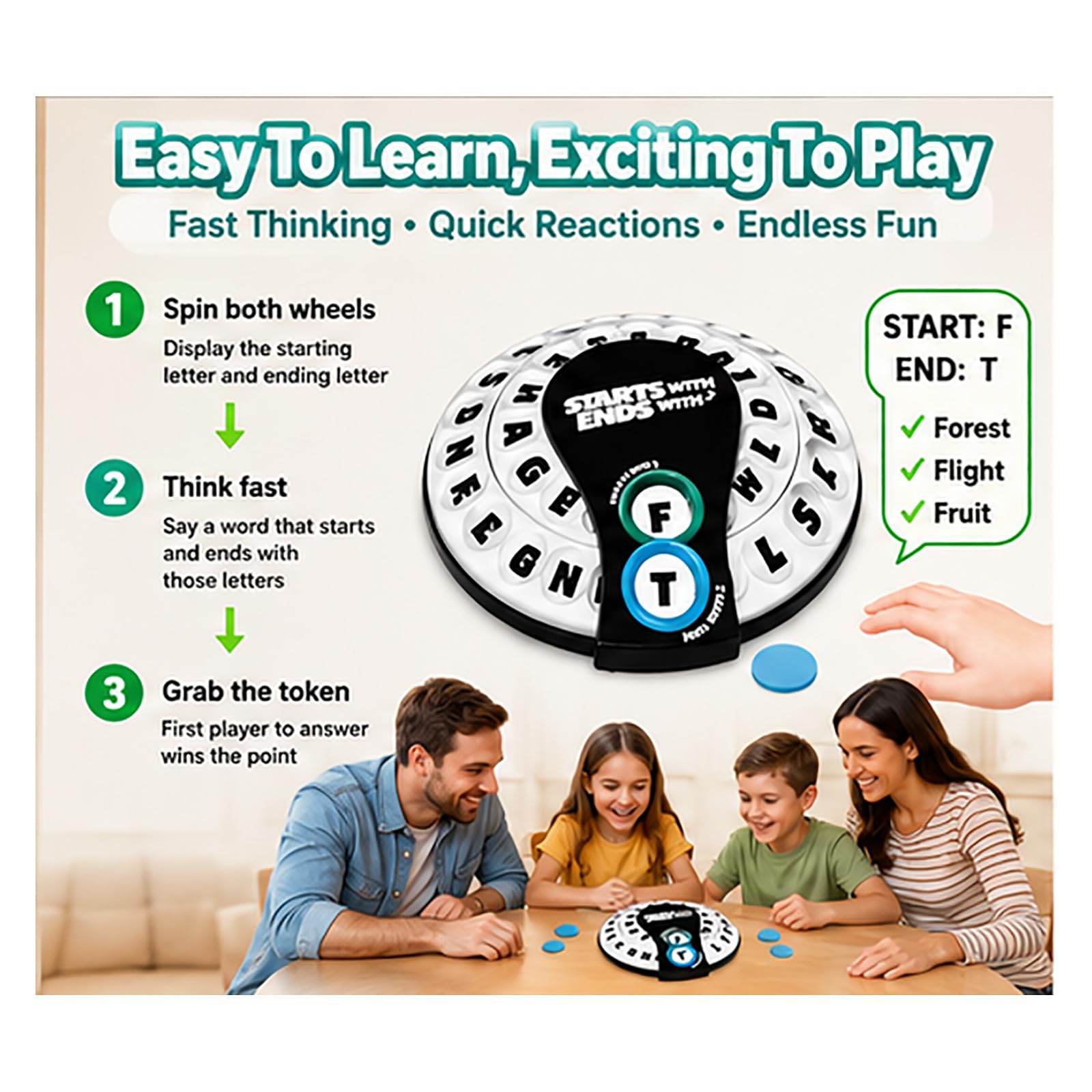Comienza con Termina con Juego de Palabras, Juego de Palabras Spin & Shout, Juegos de Mesa La Familia de Ritmo rápido, Elige una categoría y Corre contra el cronómetro (3pcs)