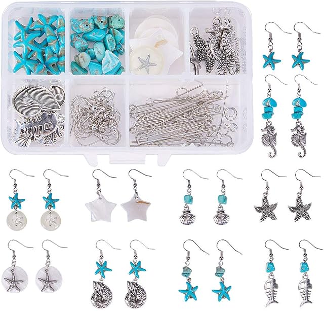 SUNNYCLUE 1 Box DIY Make 10 Pairs Starfish Shell Earring Making Kit Seahorse Fish Charms Ocean Theme Pendants Turquoise Beads Earring Findings for Women Adults DIY Jewellery Making Crafts
