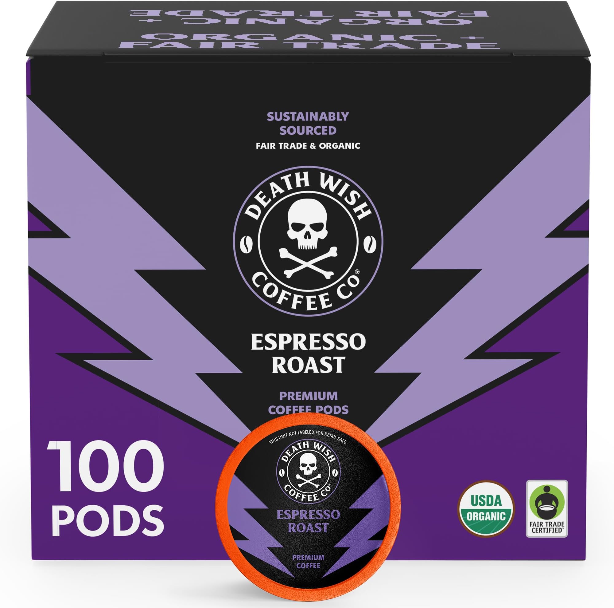 Death Wish Coffee, Espresso Roast Single-Serve Pods, USDA Organic and Fair Trade, 100 Count