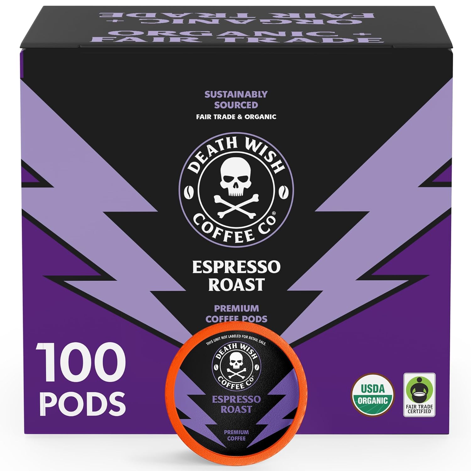 Death Wish Coffee - Single Serve Pods - Dark Roast Coffee Pods - Made with USDA Certified Organic - Extra Kick of Caffeine (100 Count (Pack of 1), Espresso Roast)