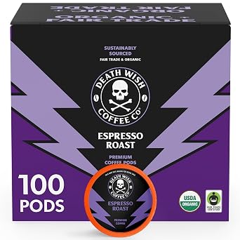 Death Wish Coffee, Espresso Roast Single-Serve Pods, USDA Organic and Fair Trade, 100 Count