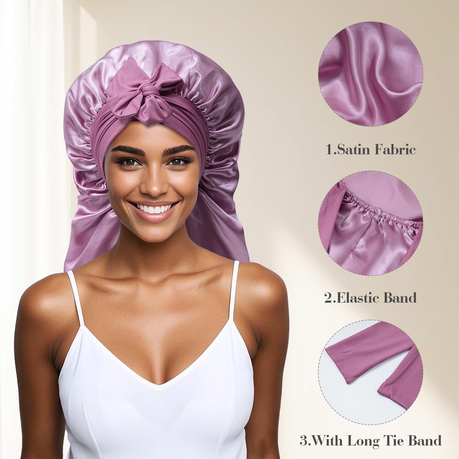 SECRET AROMA Cuffietta lunga in raso per capelli, in seta, per donne che dormono, con fascia per annodare, per capelli ricci e trecce