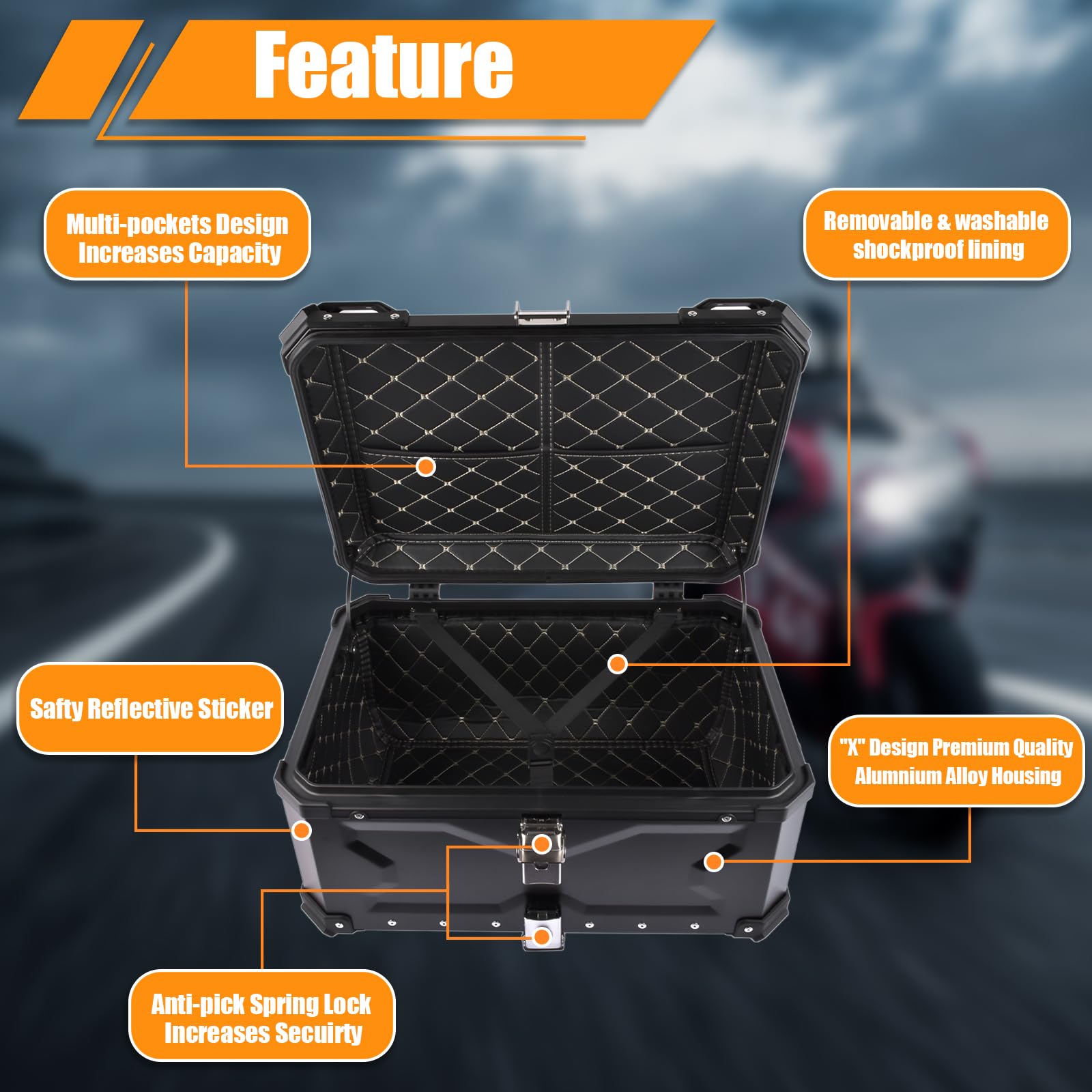 65L Top Case Moto, Coffre De Rangement Moto en Aluminium Topcase avec Serrure De Sécurité pour Rangement Casques, Aluminium Top Case Plupart des Motoes et Maxi Scooters (Noir)