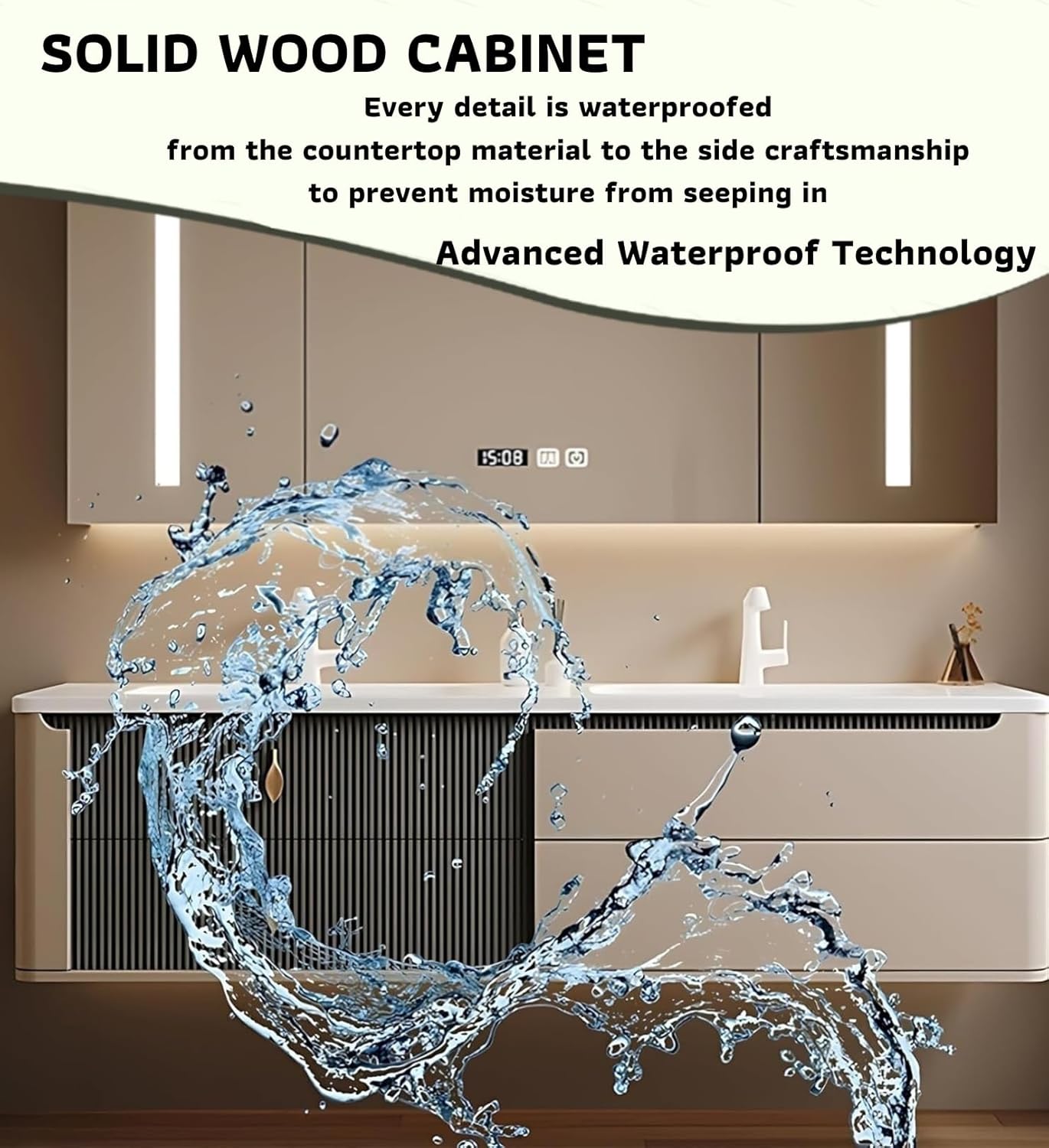 Double Sink Bathroom Vanity, 64" Bathroom Vanity Wall Mount, Elegant Bathroom Vanity Set Includes Anti-Fog Mirror Cabinet and Undersink Cabinet, Solid Wood Floating Vanities Furniture for Bathroom