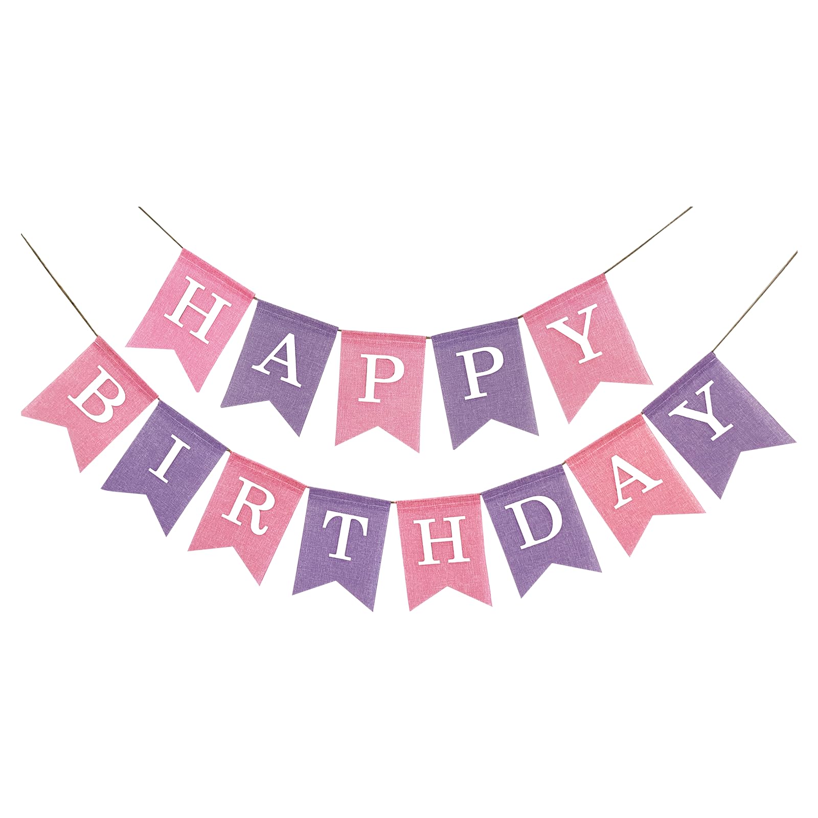 Pink and Purple Burlap Happy Birthday Banner, NO DIY, Pre Strung and Ready to Hang, Faux Imitation Burlap Birthday Banner, Reusable Birthday Bunting,