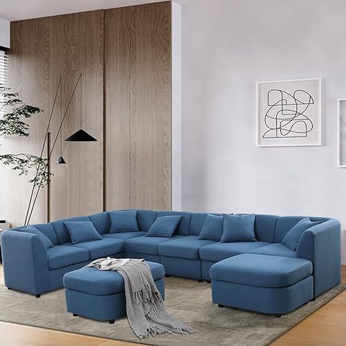 Springfavor Sofá modular grande azul para sala de estar asiento extra profundo de 245 pulgadas sofá modular con 2 otomanas en forma de L de 7