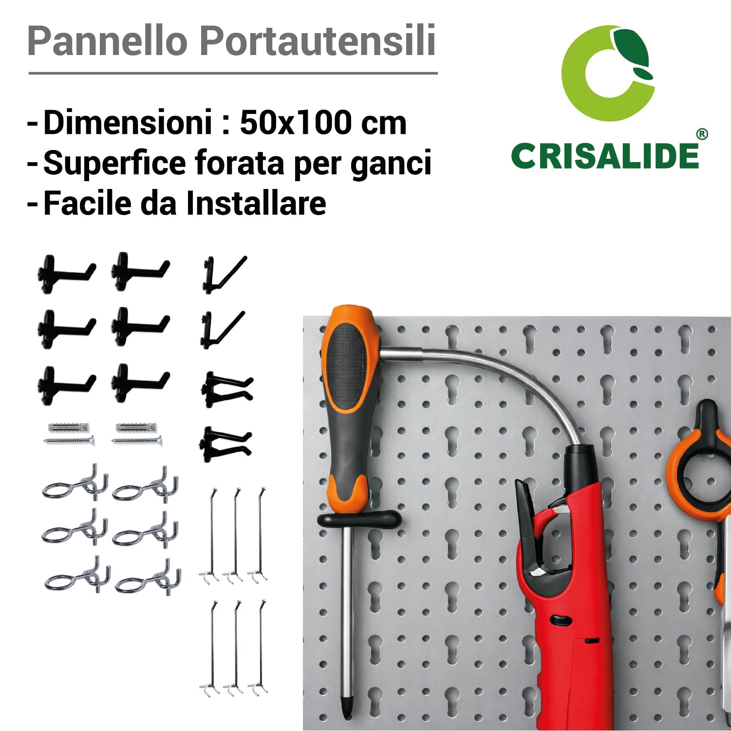 Crisalide® Pannello Portautensili Officina 100x50 cm con Kit Ganci Inclusi – Parete Porta Attrezzi in Metallo per Garage, Banco da Lavoro e Laboratorio – Organizer Utensili da Parete