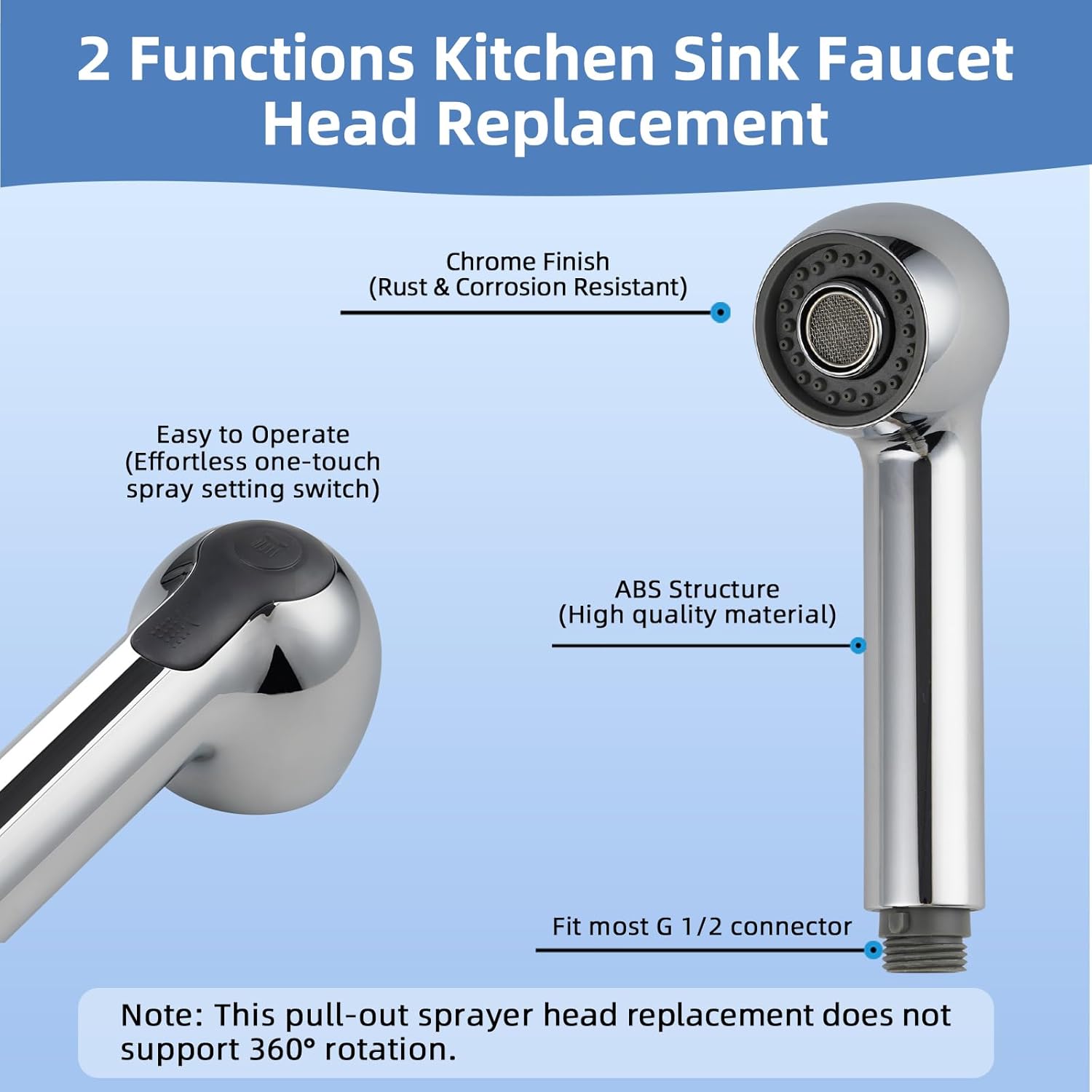 Hibbent Pull Out Sink Sprayer Head Replacement, 2 Function Kitchen Sink Faucet Head, G1/2 or 13/16 Inch Thread Faucet Head Kitchen Tap Sprayer Spout, Chrome