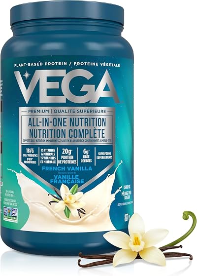 Vega Premium All-in-One Nutrition Protein Powder โ 20g Plant-Based Vegan Protein, Vitamins & Probiotics, Vanilla, 827g (20 Servings)