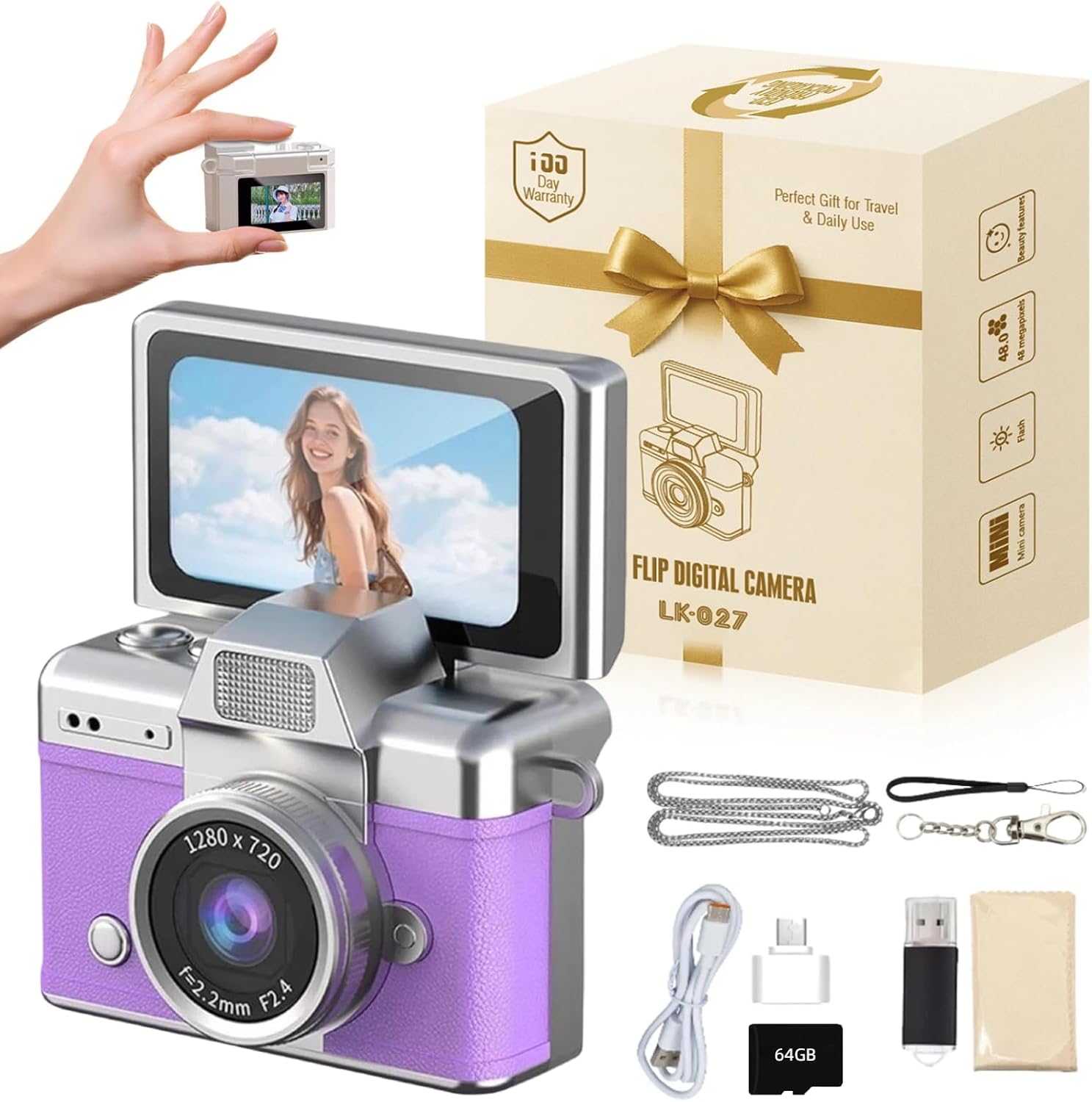 Vintage Mini Digital Camera Retro Mini Digital Video Keychain Camera Small Bodycam 1080P HD 0.96" IPS Screen Type-C 64G Card Included Portable for Photography Enthusiasts Travel (Purple)
