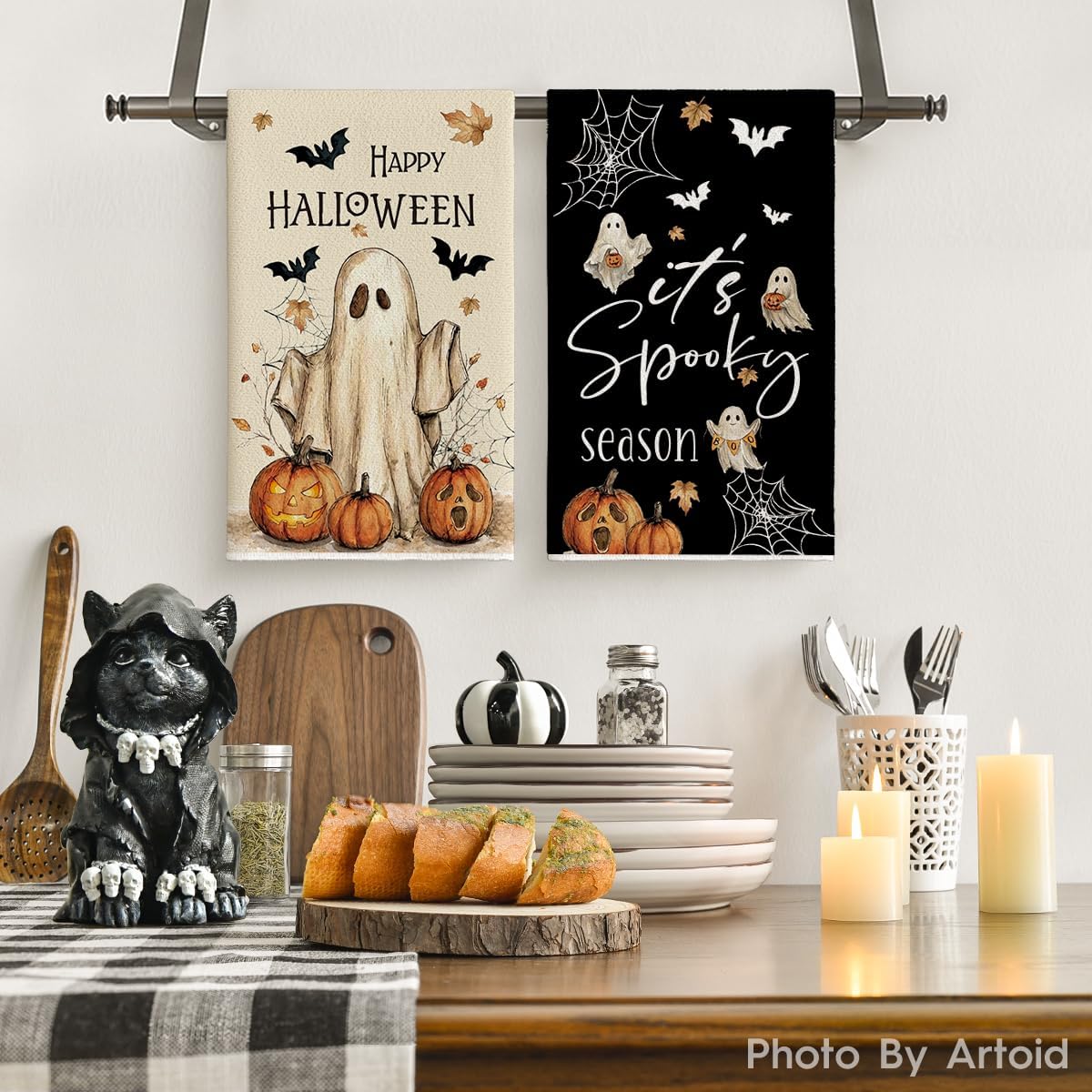 Artoid Mode Ghost Spooky Happy Halloween Kitchen Towels Set of 4 18x26 Inch