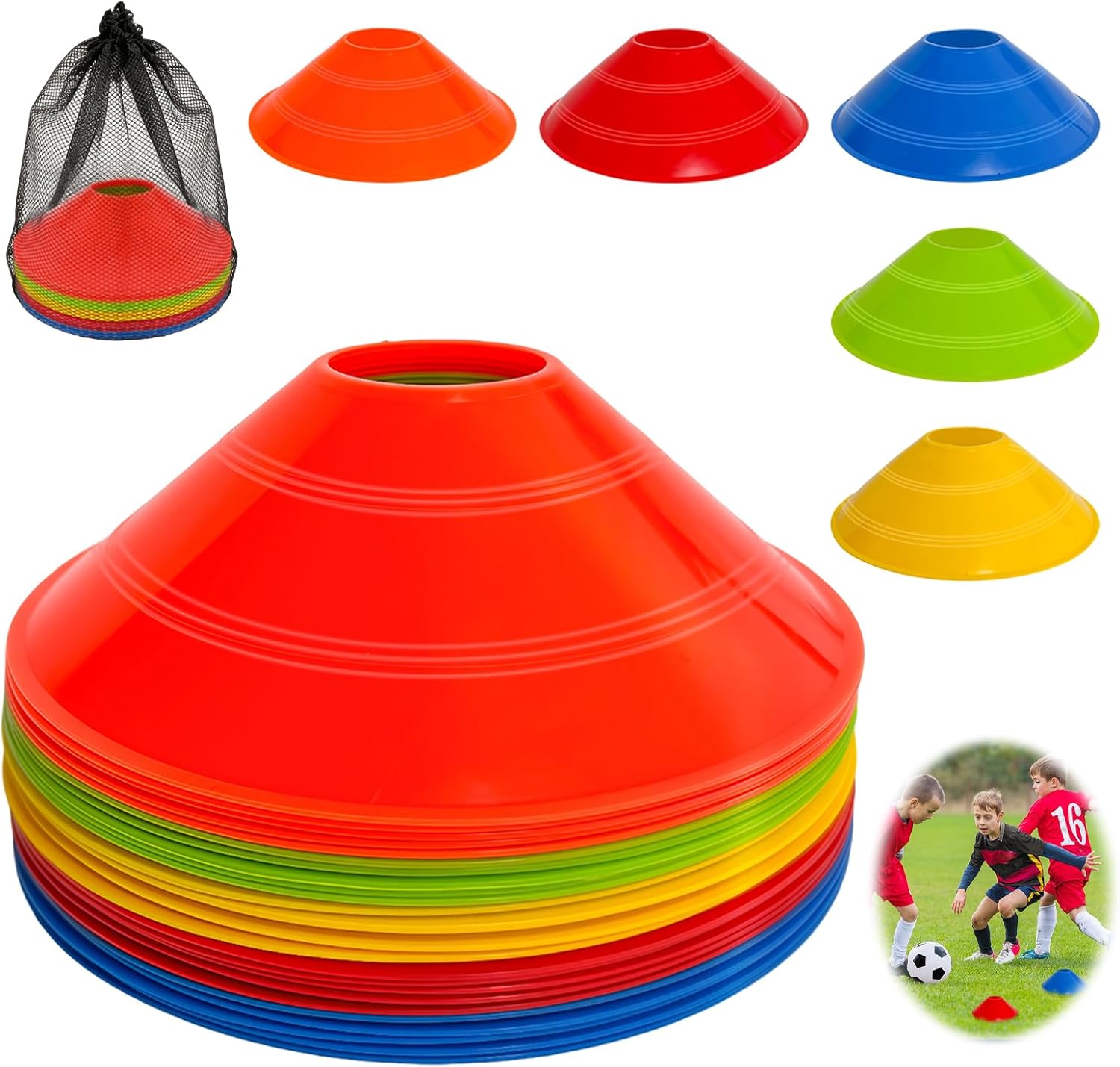 200 Pack Soccer Cones for Sports Training with Mesh Carry Bag, Multi-Color Agility Disc Cones for Football Basketball Drills, 7.5 Inch Flexible Plastic Field Markers for Kids & Adults
