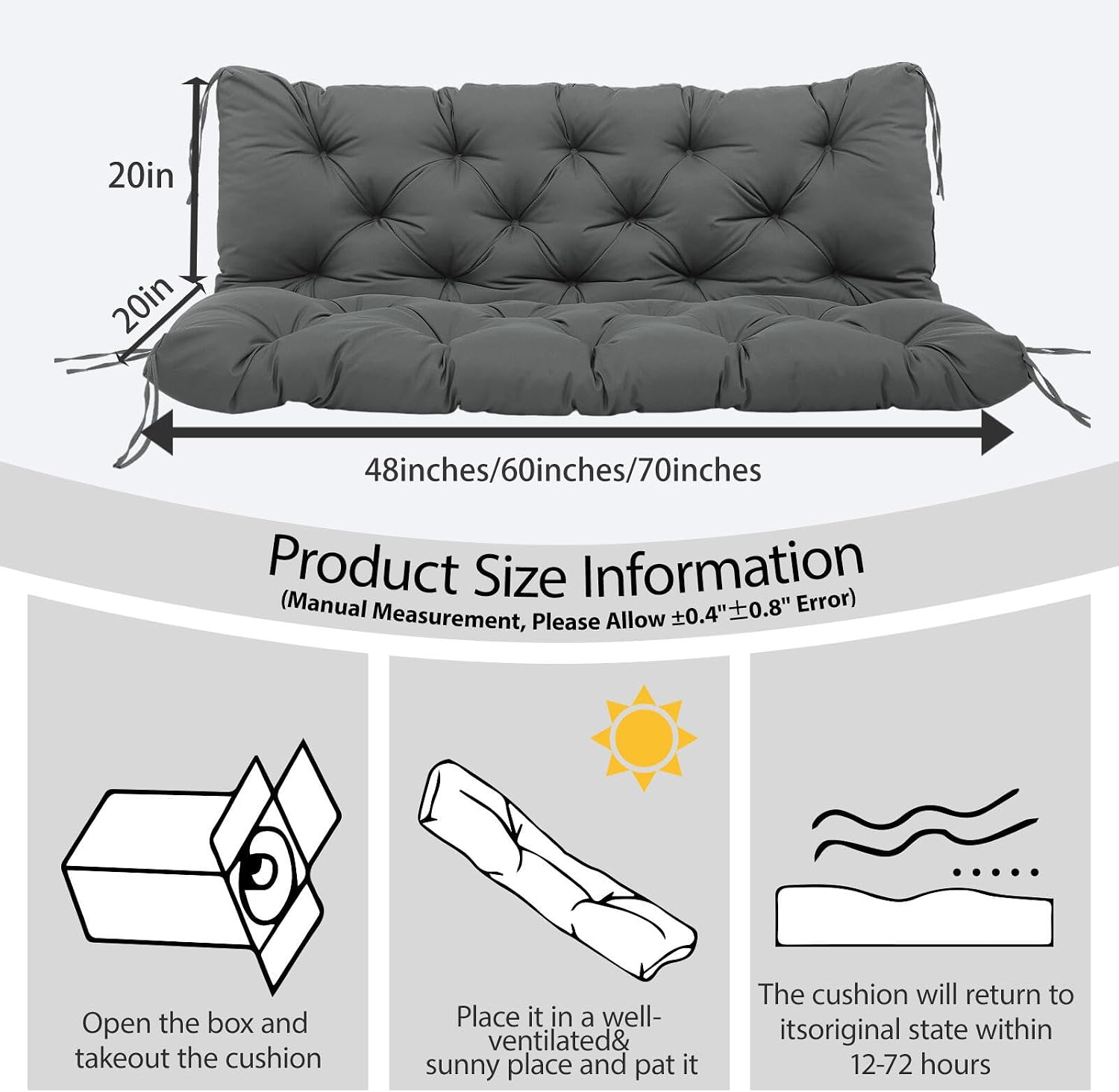 5 Inch Thick Waterproof Patio Porch Swing Cushions, 60x40 Inch 3 Seater Replacement Cushion with Backrest & 8 Ties, Fade-Resistant Outdoor Bench Swing Pad