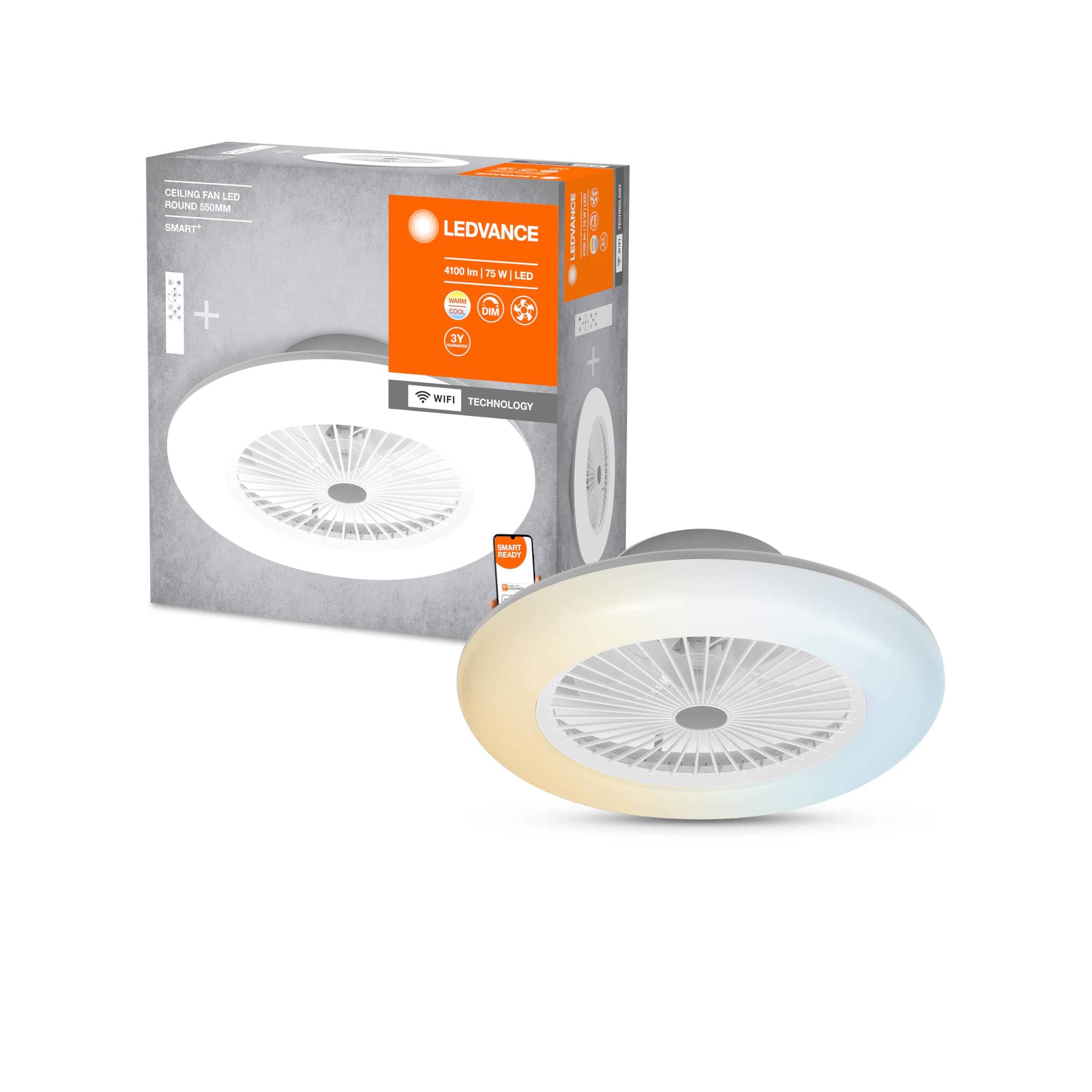 LEDVANCE Smart WiFi LED ventilador de techo, redondo, blanco, regulable, velocidad de aire ajustable, incluye mando a distancia, controlable mediante app y asistente de voz, fácil instalación