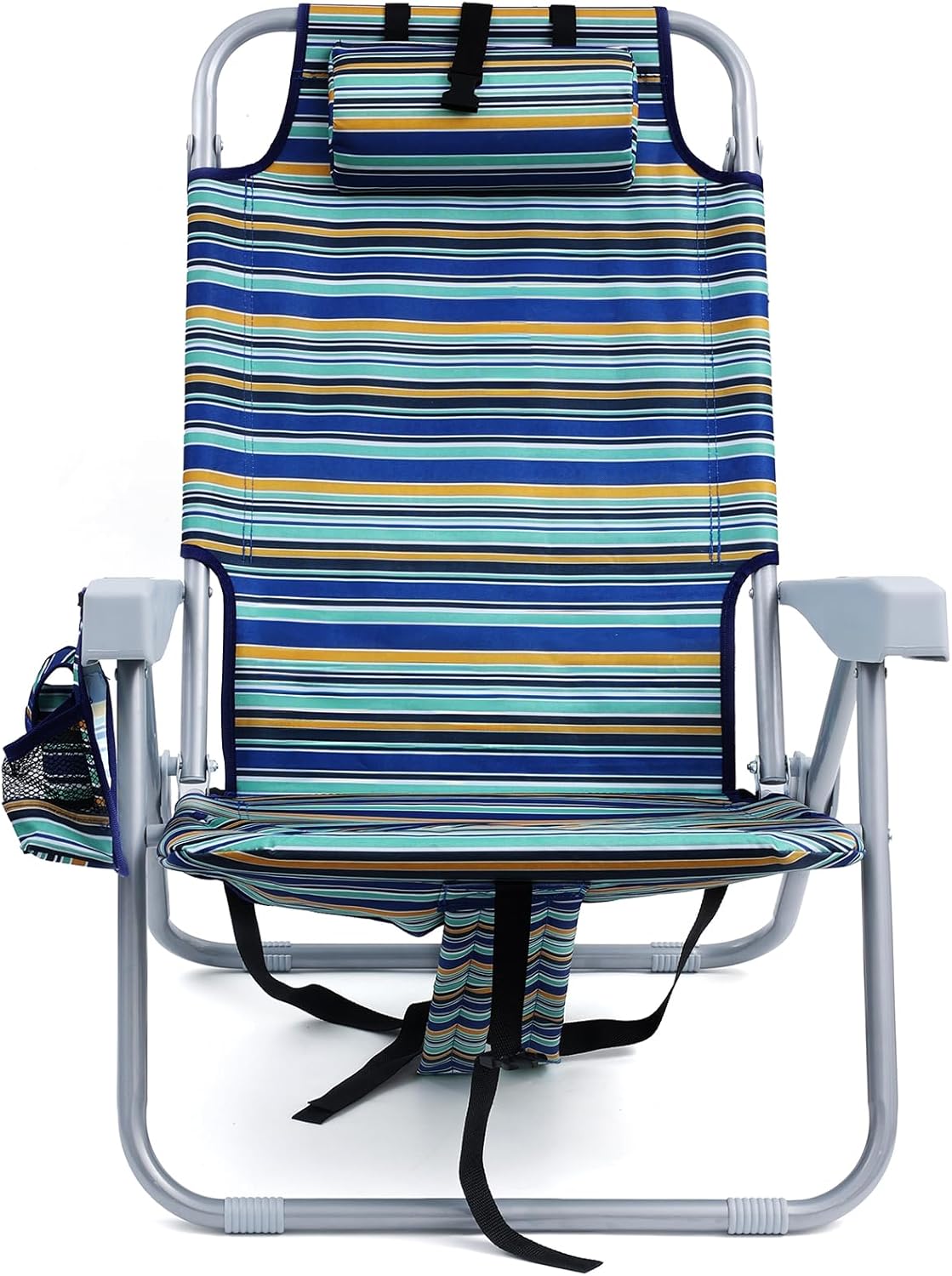 Backpack Beach Chair for Adults, Folding Beach Chair with 4 Positions, Heavy Duty Chair with Large Cooler Pouch Support to 350LBS (Stripes_Blue&Cyan&Yellow) - Image 6