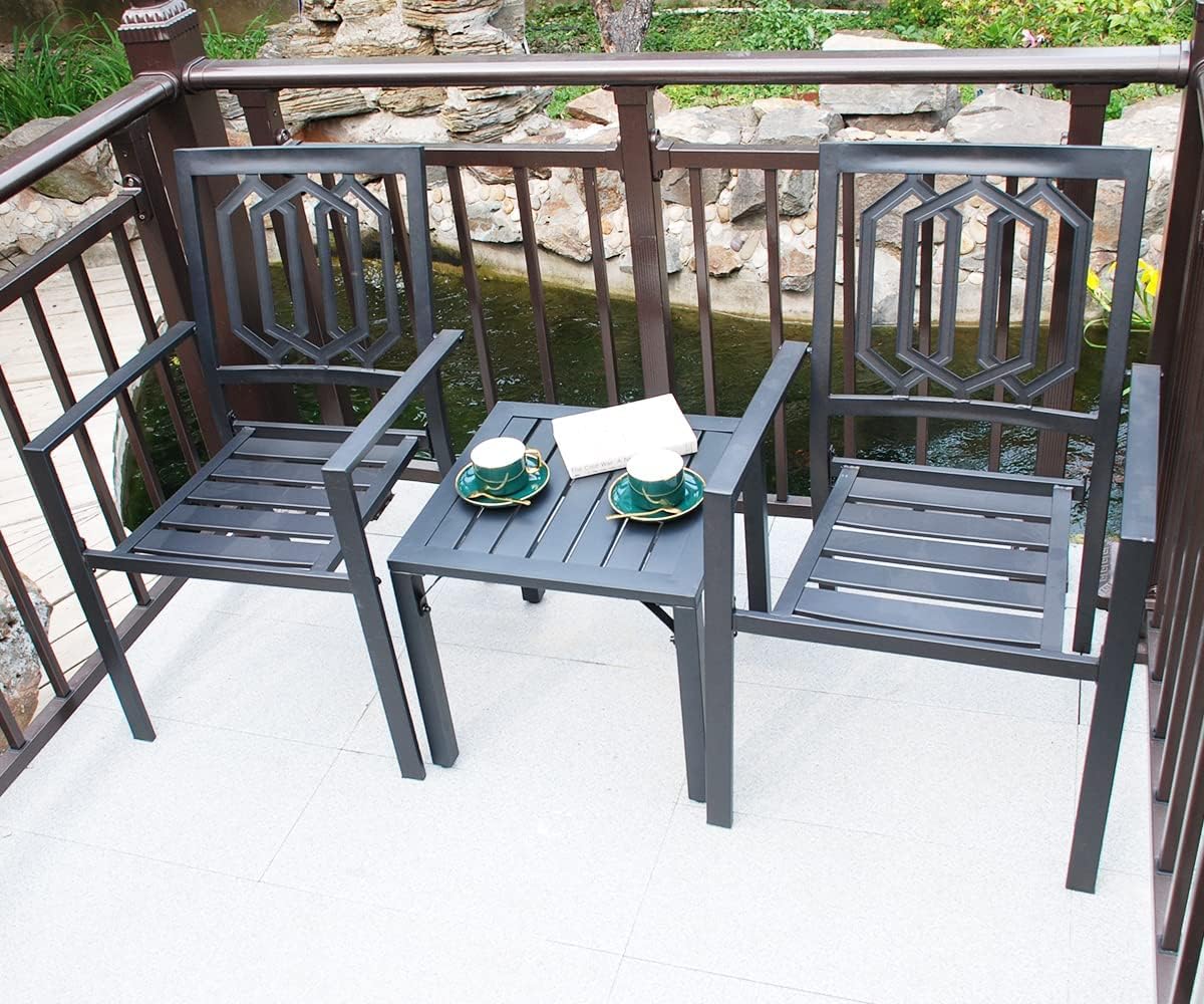 Stackable Metal Outdoor Patio Chairs, Black Patio Outdoor Dining Chairs with Armrest Support 325lbs Set of 2, Black