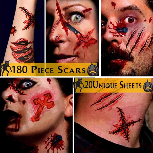 Alintor Halloween Make up Tattoos, Halloween Makeup Accessories Face Tattoo Stickers, 180 PCS(5 Large+15 Small)Fake Blood Scars Wounds Zombie Tattoo, Halloween Costumes for Women Men Kids Tattoo