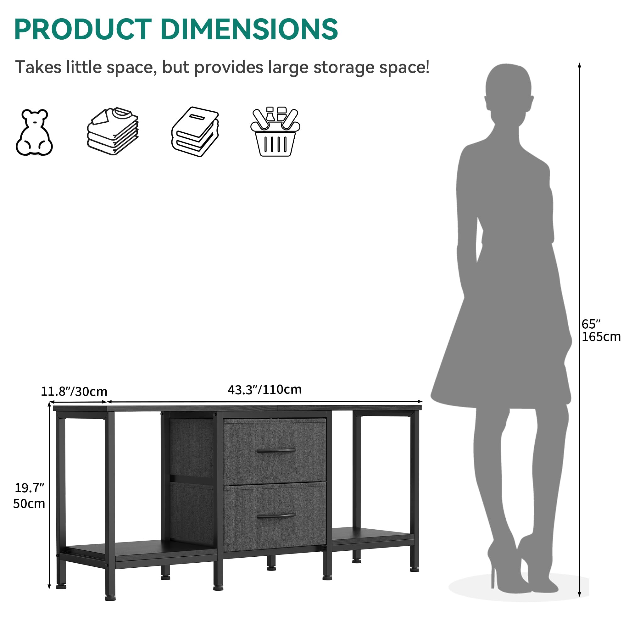 YITAHOME Mobile TV fino a 47 pollici, mobile TV con 2 cassetti in tessuto e 2 ripiani aperti, 110 x 30 x 50 cm, cassettiera per soggiorno, sala d'intrattenimento, mobili per camera da letto, telaio in