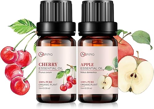 Aceites esenciales de manzana y cereza, aceites vegetales naturales 100% puros y orgánicos para difusor, aroma, spa, masaje, yoga, perfume, 2 x 0.3