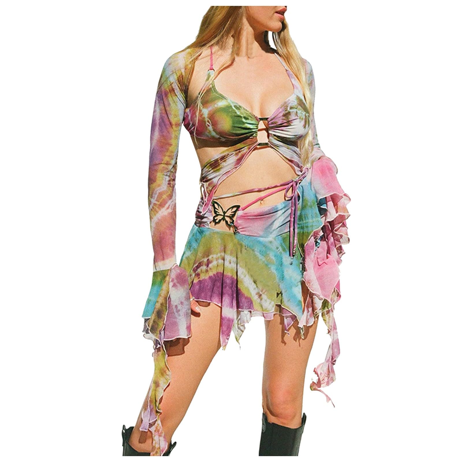 Generisch Mujer 3 piezas Verano Tie Dye Print Trajes Manga Larga Cizalla Malla Shrug Tops Chaleco Irregular Falda y Parte Superior sin vientre Conjunto de Cordones Rave Festival Streetwear Cosplay