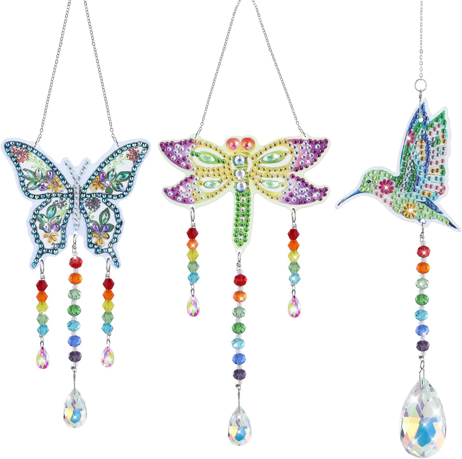 MWOOT 3Pcs Diamond Paint Wind Chimes, 5D Double Sided Diamond Art Painting Kits, Hummingbird Butterfly Dragonfly Crystal Paint by Number Hanging Ornament Set for Home Garden Window Decoration