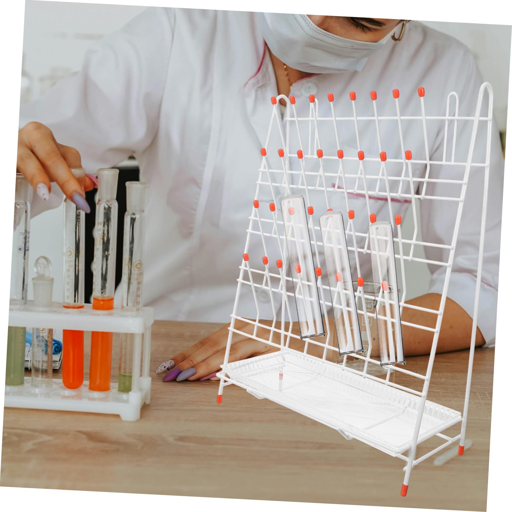 Gradilla Para Secar Tubos De Laboratorio De 32 Ranuras, Rejilla De Drenaje De Hierro Revestimiento Plástico, Escurridor Compacto Para Frascos y Tubos De Ensayo, Adecuado Para Uso Laboratorio