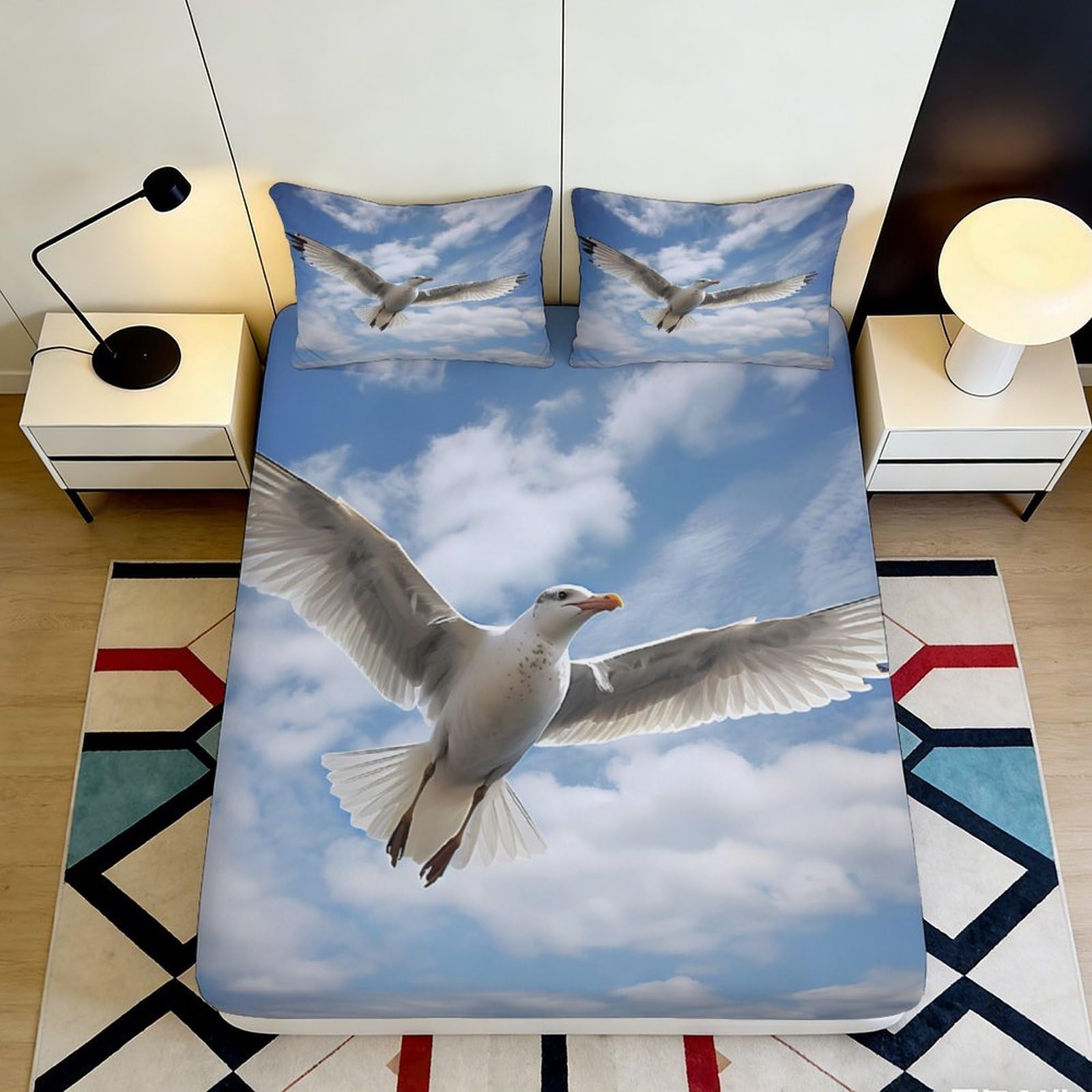 Zfldkwgb Style-3 3D Printed Flying Seagull Sky Fitted Sheet Microfiber Anti-Slip Bed Cover For Bedroom Guest Room Decor Easy Care 90X200x25cm
