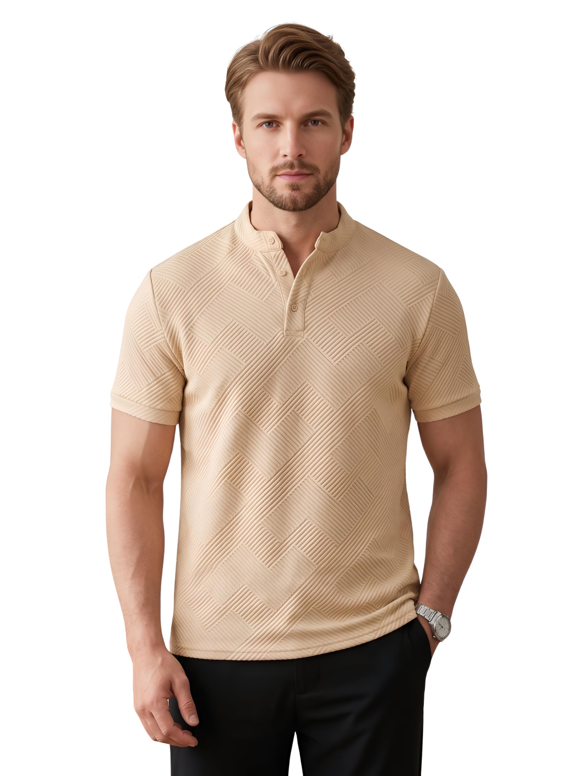 Men’s Textured Mandarin Collar T-Shirt | Premium Casual Polo Style T Shirt for Men | Smart Casual Office, Party &Everyday Wear-image-0
