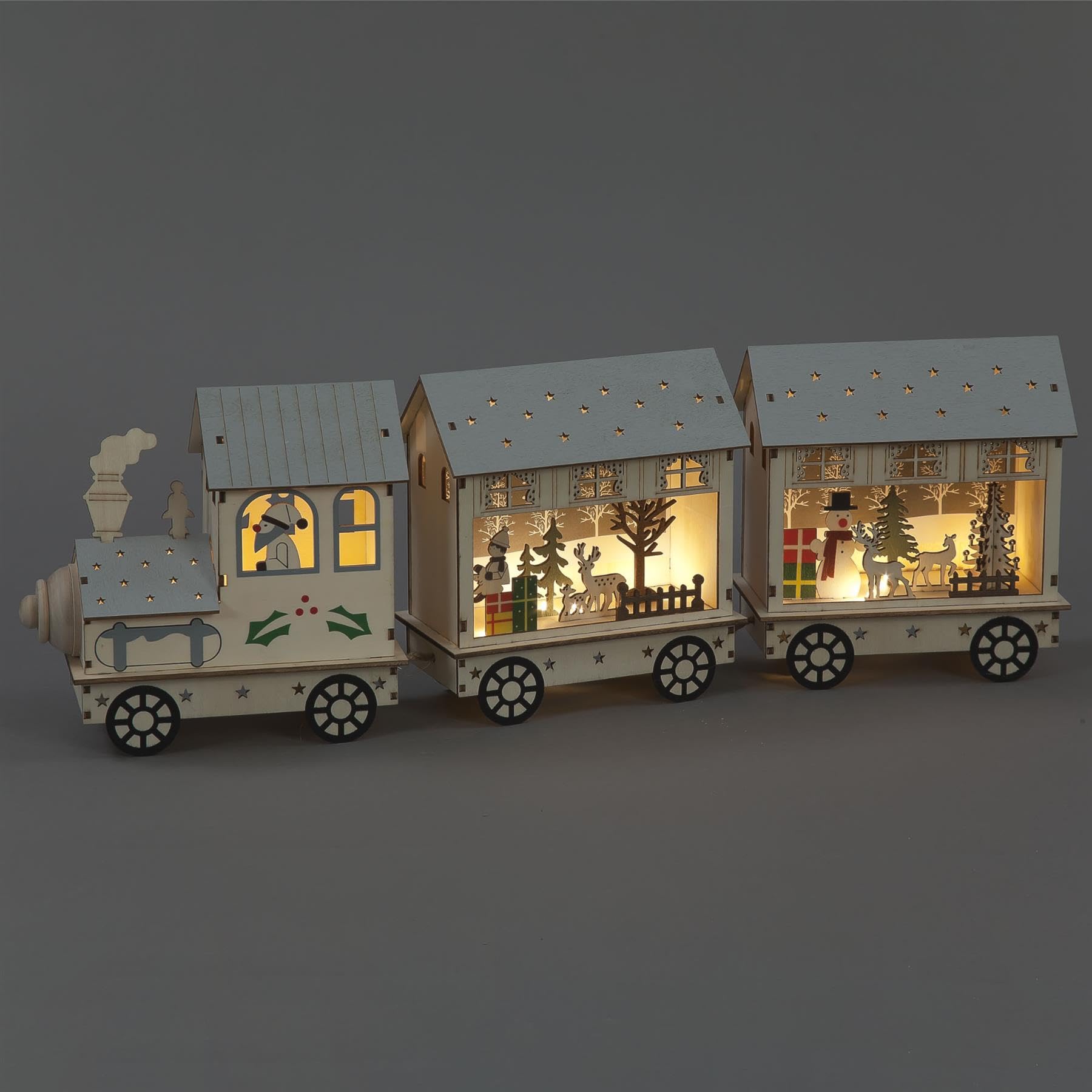 Yöl White Wooden Light Up Christmas Train With 3 Carriages And Xmas Theme Led Table Decor Festive Rustic