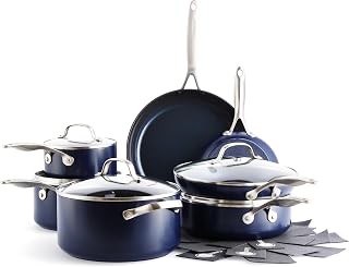 GreenPan Performance Pro Ceramic Nonstick 14-Piece Cookware Set, Non-Toxic PFAS-Free, Dishwasher & Oven Safe, Wobble-Free, Blue
