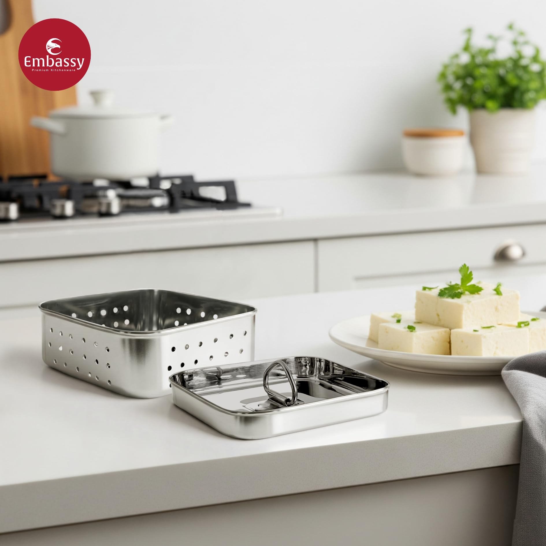 Embassy Stainless Steel Square Paneer Mould/Maker/Strainer | 500 ml | Dimension 12.5 x 12.5 cms | Size 3 | Perfect for Making Homemade Paneer/Cheese/Tofu | Dishwasher Safe 1