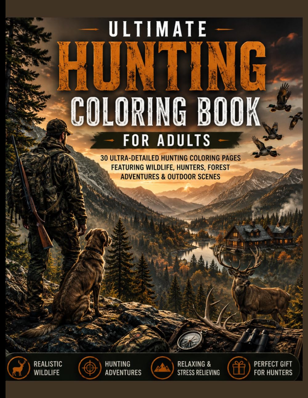 Ultimate Hunting Coloring Book for Adults: 30 Ultra-Detailed Hunting Coloring Pages Featuring Deer Hunting, Duck Hunting, Hunting Dogs, Cabins, Mountains & Wilderness Adventures