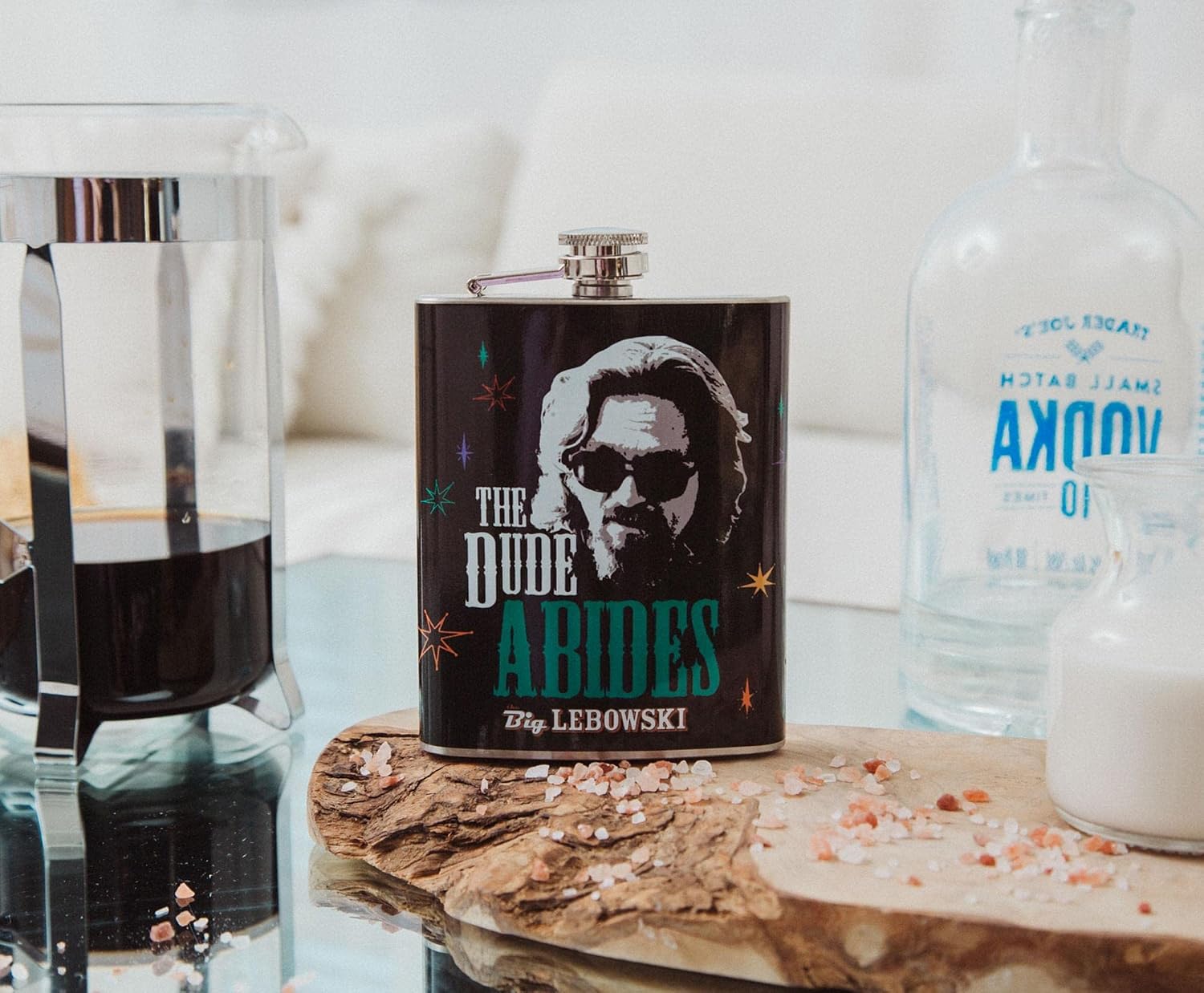 Silver Buffalo The Big Lebowski "The Dude Abides" Stainless Steel Leakproof Drinking Flask | Perfect For Camping | Ideal For Groomsmen | Never-Lose Cap | Holds 7 Ounces