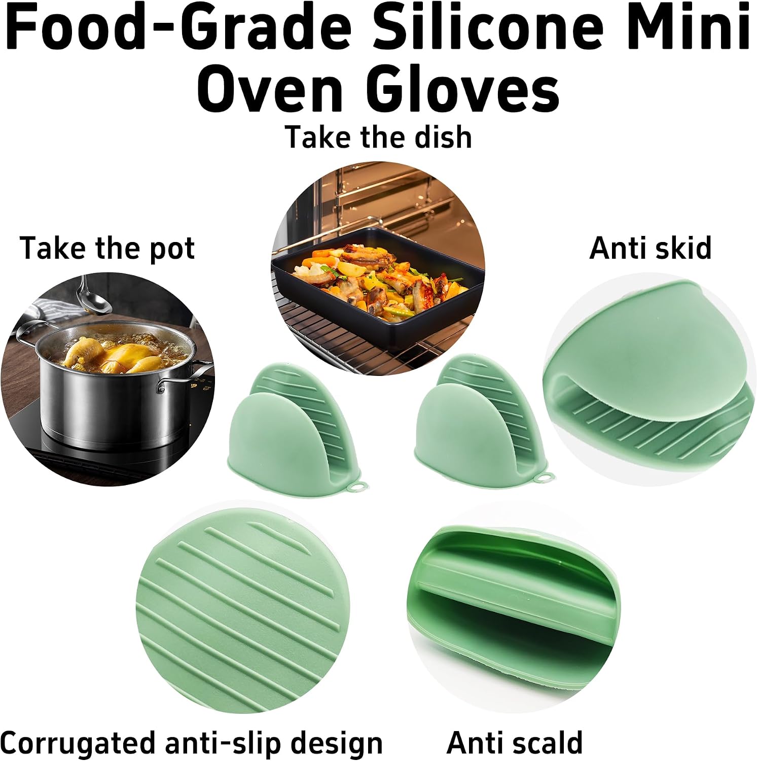3-Piece Hot Plate Gripper Set, Stainless Steel Bowl Clip, Anti-Scald Dish Retriever Tongs, Heat Resistant Glove, for Bowls, Plates, Pans, Air Fryer, Microwave Kitchen Tool (Green)